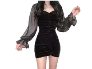 Black Velvet Mini Dress with Sheer Sleeves