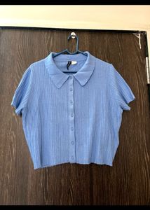 H&M Light Blue Ribbed Collared Top