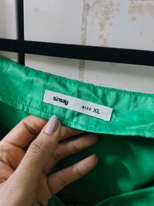 Green Satin Cropped Puff Sleeve Top