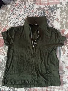 Green Zip-Up Mock Neck Top