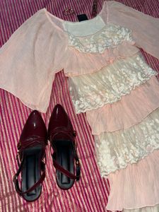 Peach &amp; White Layered Lace Dress