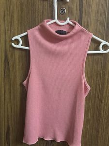 Pink Ribbed Mock Neck Sleeveless Top