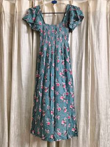 Light sea green Floral Smocked Midi Dress