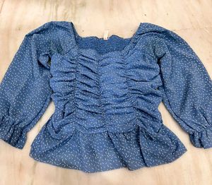 Chic Blue Ruched Square Neck Top