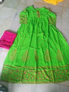 Vibrant Green Kurta Set with Pink Dupatta