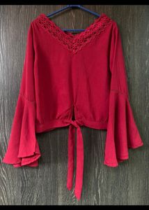 Chic Red Bell Sleeve Top with Lace Neckline