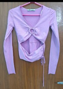 Ribbed Pink Cut-Out Long Sleeve Top &amp; Shorts Set