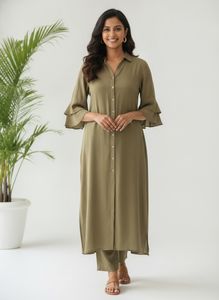 Olive Green Button-Up Midi Dress with Bell Sleeves