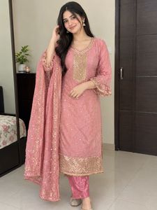 Elegant Pink Sequined Kurta Set with Dupatta