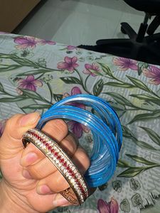 Stack of Blue Bangles with Embellished Bracelet