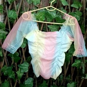 Sheer Sleeve Rainbow Ruched Top