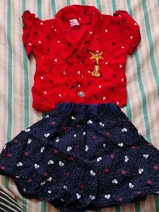 Cute Red Top & Navy Heart Skirt Set