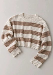 CREAM & BROWN STRIPED CROPPED RIBBED SWEATER