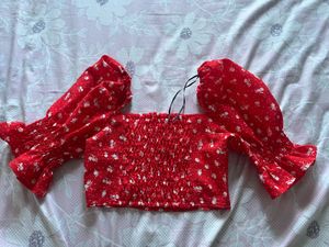 Red Floral Print Crop Top with Puff Sleeves