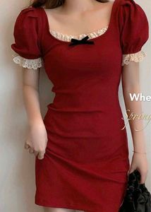 Chic Red Puff Sleeve Lace Trim Dress