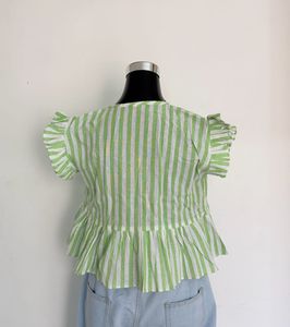 Striped Ruffle Sleeve Peplum Top