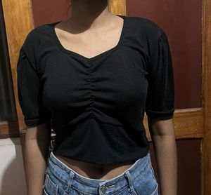 Chic Black Ruched V-Neck Top