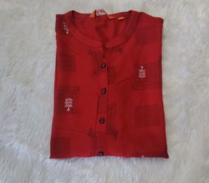 Red Cotton Blend Kurta