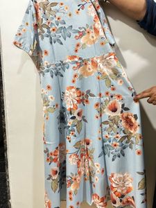 Light Blue Floral Print Dress with waist belt