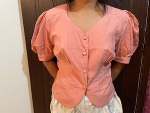 Peach Puff Sleeve Button-Up Top