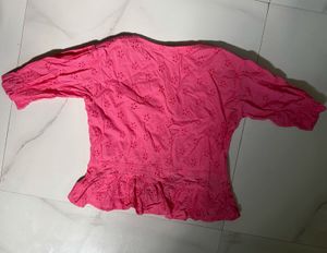 Schiffli Hot pink crop top with cinched waist