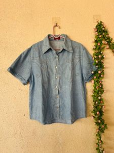 Embellished Denim Button-Up Shirt