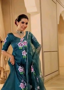 Elegant Emerald Green Floral Satin Suit Set