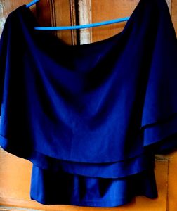 Elegant Navy Blue Tiered Blouse with Flower Accent
