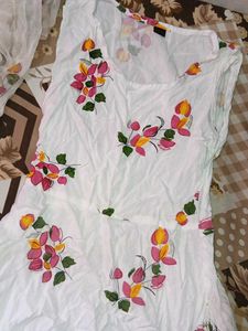 White Floral Kurta Set with light wash duppata