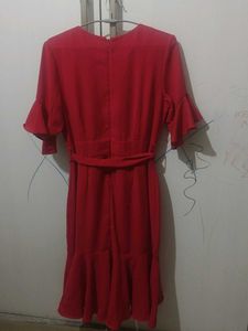 Elegant Red Ruffle Sleeve Wrap Dress