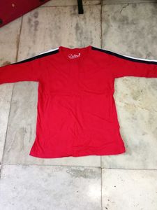 Red T-Shirt with Stripe Sleeves