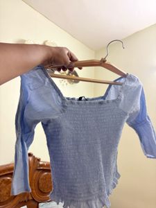 Blue Smocked Square Neck Top
