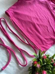 Pink Ribbed Crop Top with Tie Detail (Size-M)