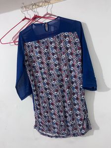Blue Sheer Sleeve Printed Top