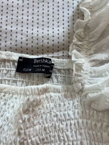 BERSHKA White Smocked Blouse with Puff Sleeves