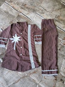 Elegant Brown Kurta Set with White Embellishments