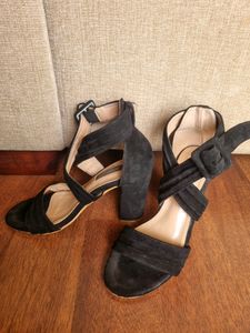 Suede Black Chunky Heels Wedges