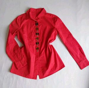 Chic Red Collared Button-Up Top
