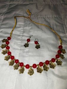 Red Beaded Necklace &amp; Earring Set
