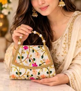 Embroidered Clutch with Pearl Handle