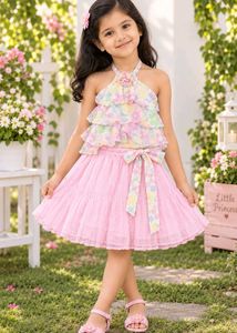 Charming Ruffled Floral Gown with pastel colours