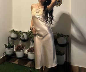 Elegant Satin Slip Dress with Pearl Accents