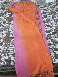 Ombre Pink &amp; Orange Embellished Saree