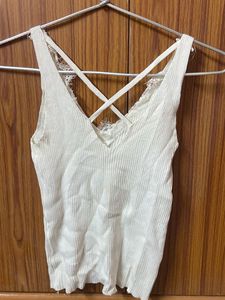 White Ribbed Crop Top with Lace Detail