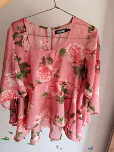 Pink Floral Print Flare Sleeve Top