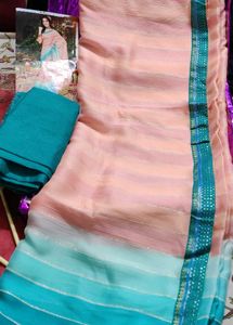Roop Saree - Peach and Teal Stripes