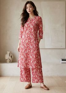 woman cotton Red Floral Printed Kurta Set XL