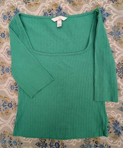 Green Ribbed Square Neck Top