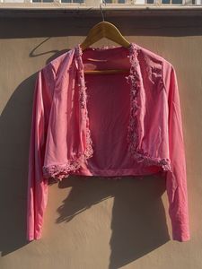 Chic Pink Lace Trim Bolero Jacket