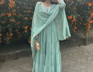 Elegant Sea Green Tiered Kurti Set